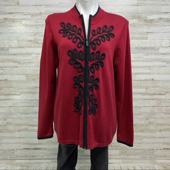 Bob Mackie Sweaters - Bob Mackie Wearable Art Cardigan Womens Size M Dark Red Embellished Zip Front
